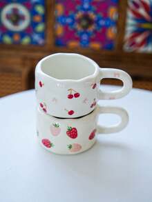 1pc Korean Ins-Style Hand-Painted Ceramic Coffee Cup & Saucer Set, Asymmetrical Cup Body With Cherry & Strawberry Pattern, Practical Ceramic Drinkware For Office, Casual, Breakfast, Afternoon Tea