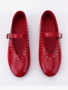 Bailarinas de mujer con puntera redonda, decoración de remaches rojos, estilo Mary Jane. Zapatos planos casuales, cómodos y versátiles, adecuados para vestidos, ir al trabajo y uso diario.