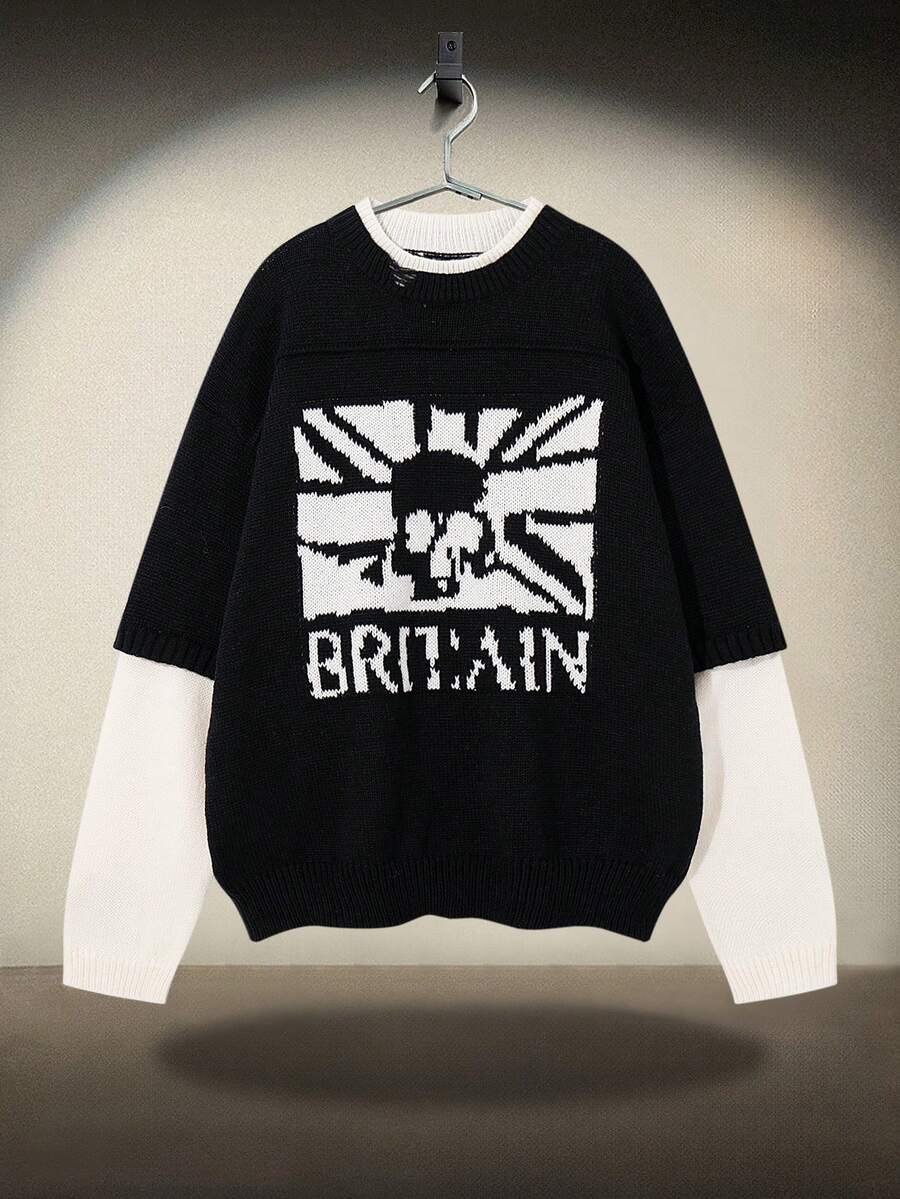 Herren Halloween Kostüm Pullover, neutraler Stil 2 in 1 Langarm Rundhals Streetwear Schädel- & Buchstaben-Muster Pullover Top, Herren Halloween Kostüm, Herbst/Winter