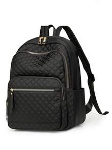 Women's Nylon Solid Color Quilted Large Capacity Versatile Backpack, Minimalist Casual Student Backpack, Commuter Bag - Black - View 5
