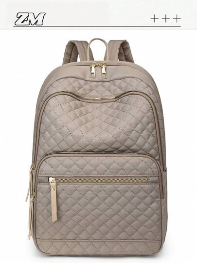 女士尼龙纯色绗缝大容量百搭背包，简约休闲学生背包，通勤包