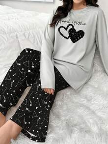 Plus Size Women Gray Long Sleeve Top & Pants Pajama Set With Heart Print, Winter Clothes
