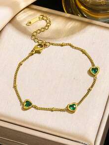 1pc Elegant Stainless Steel Bracelet With Green Heart Pendant - Women's Fashion Accessory For Daily Wear And Parties, Mother's Gift, Women's Gift, Great For Gifting