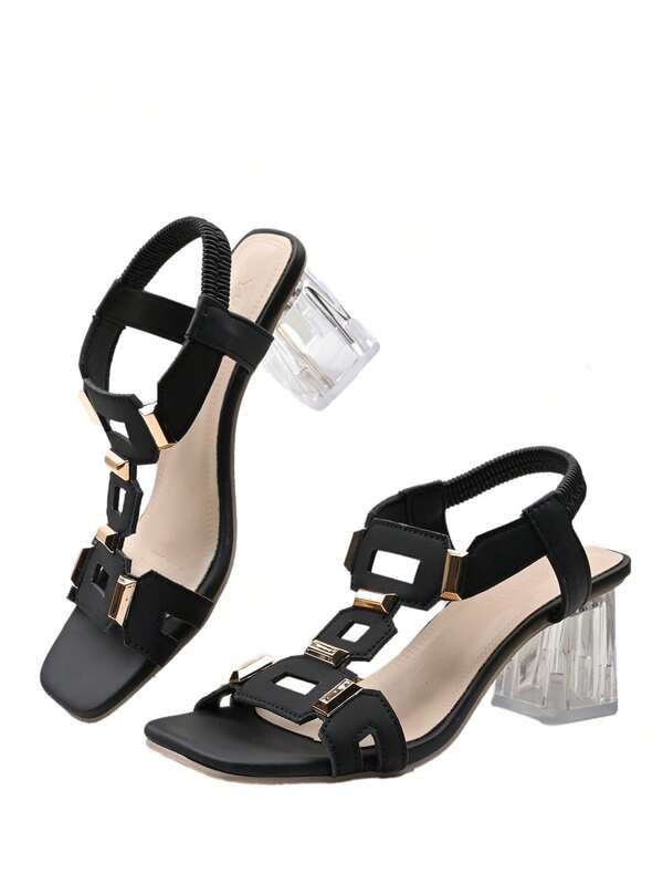 Scarpe da donna stile europeo e americano, design geometrico cavo, slip-on, punta quadrata, tacco largo, suola trasparente, leggere e versatili, resistenti all'usura per l'uso quotidiano