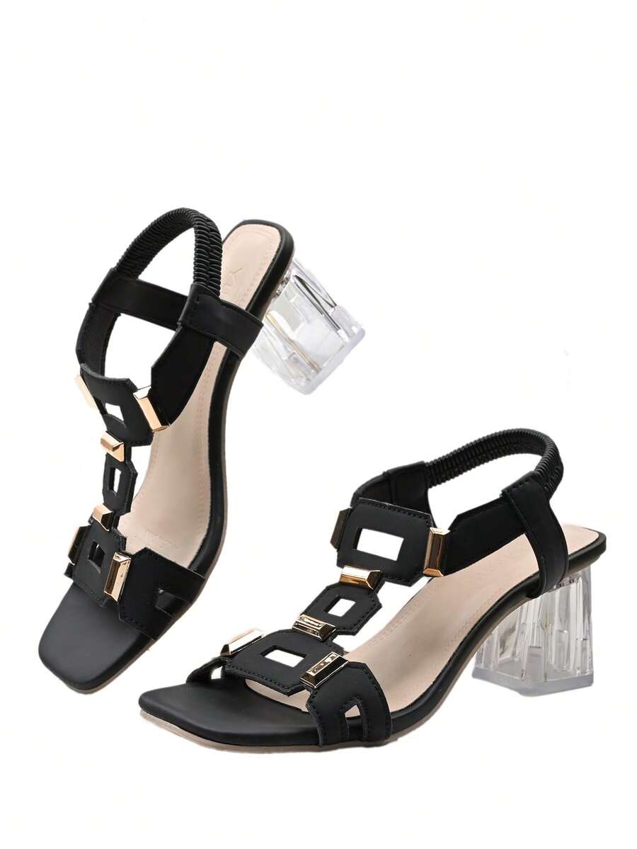 Scarpe da donna stile europeo e americano, design geometrico cavo, slip-on, punta quadrata, tacco largo, suola trasparente, leggere e versatili, resistenti all'usura per l'uso quotidiano