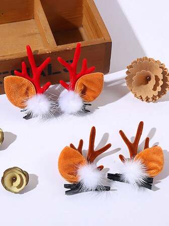 2 Stück glänzende Rentiergeweih Weihnachts Haarclips mit flauschigem Bommel - Niedliche weiche braune Weihnachts Haaraccessoires, geeignet für Erwachsene, Feiertags-Party Dekoration und Haarornamente, Weihnachts-, Halloween-Dekorationen, Winterraum-Dekoration, Weihnachtsdekorationen Zuhause, Weihnachtsgeschenke, Weihnachtsdekoration