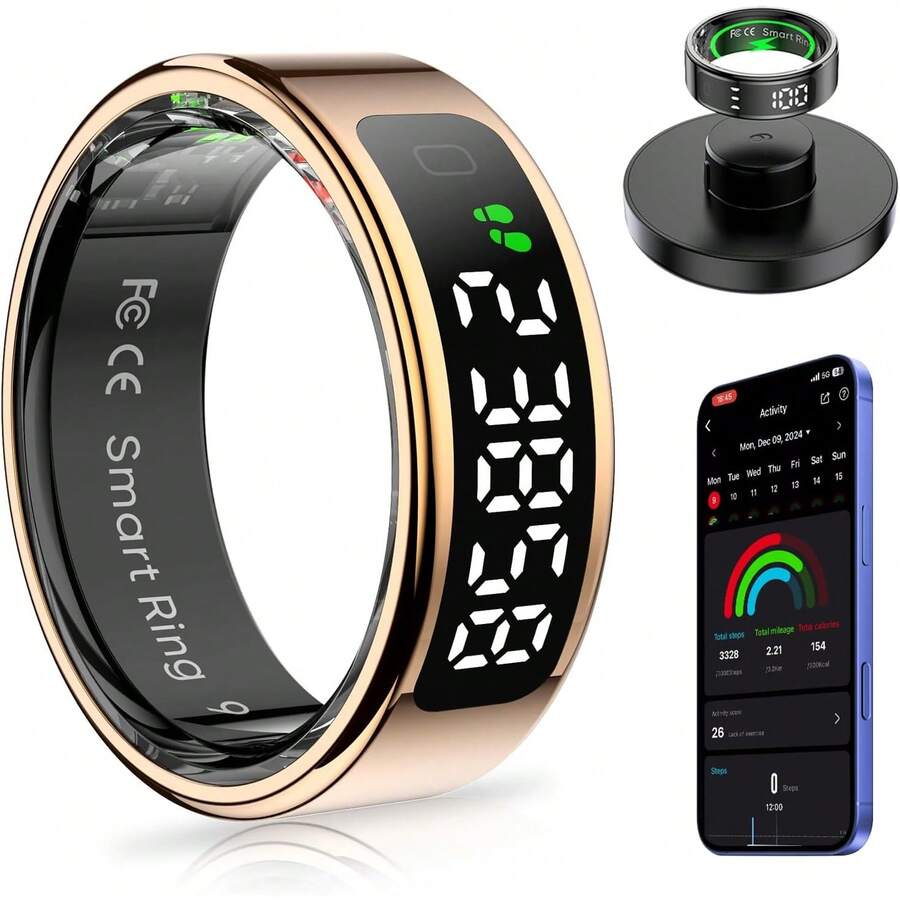 2025 NEW Smart Ring Fitness Tracker For Women Men,Smart Ring With Display Screen Health Tracker And Touch Button, Bluetooth Connection Health Monitor Tracks Heart Rate/Blood Oxygen/Sleep/Sports Activities, IP68 Waterproof (Gold, 8#) - Gold - View 1