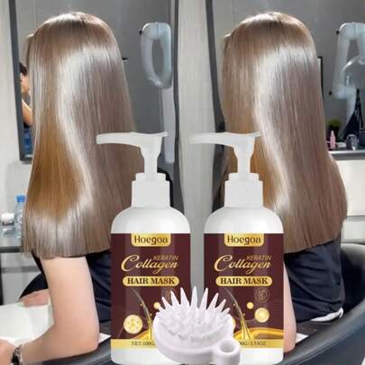 2 Peças Máscara de Cabelo de Colágeno e Queratina, Nutre Profundamente Cabelos Secos e Danificados, Melhora a Elasticidade - Enriquecida com Óleo de Argan Marroquino, Hidratação Profunda e Alisamento, Máscara de Cabelo de Colágeno + Escova de Shampoo