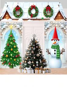 3 pièces Ensemble de décoration Sapin de Noël, Bonhomme de neige, Couronne - Bannière suspendue, Rideau, Décoration de toit pour fête de Noël