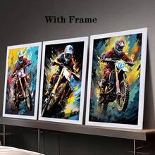 3 Juegos de Impresiones en Lienzo de Motocicleta Todo Terreno Dinámica - Arte de Pared Sin Marco Vibrante Adecuado para Dormitorios de Niños, Estilo Minimalista Moderno, Uso en Interiores, Orientación Vertical, Decoración de Motocicletas