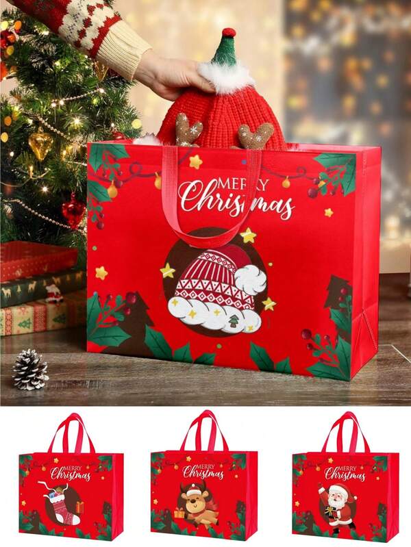4/8pcs Christmas Theme Non-Woven Fabric Gift Bags, Red & Green, Santa Claus, Stockings, Reindeer, Santa Hat Printed Pattern, Sturdy, Waterproof, Suitable For Christmas Gift Packaging, Storage, Shopping, Christmas Party Favors, Christmas Decoration