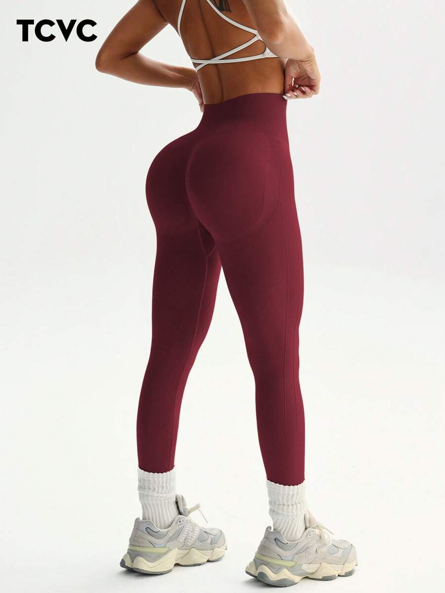 TCVC Women'S High Elastic Fashion Dopamine Sports Leggings, Macaroon Colors, High Waist Tummy Control Peach Butt, High Stretch Sports, Skin-Friendly Fabric, Tight Shaping, Casual Versatile, Autumn/Winter, Sports Tights - Burgundy - View 1