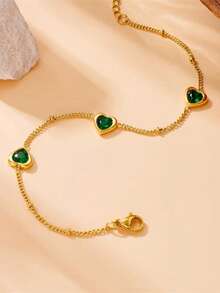 1pc Elegant Stainless Steel Bracelet With Green Heart Pendant - Women's Fashion Accessory For Daily Wear And Parties, Mother's Gift, Women's Gift, Great For Gifting