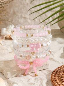 6PCS Cute Simulated Pearls Crystal Pink White Bowknot Beaded Bracelets Set For Girls Accessories Friendship Jewelry Party