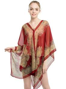 1 件佩斯利雪纺印花披肩，时尚腰果花围巾，轻盈夏季防晒披肩，时尚沙滩披肩，优雅派对、旅行之选 - 黑色 - 查看 4