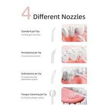 四合一口腔护理电动水牙线，粉色牙科冲洗器，USB 充电，3 种模式和 4 个喷嘴，220 毫升水容量，IPX7 防水，便携，适合家庭和旅行使用，是送给男士和女士的理想礼物 - 粉色 - 查看 4