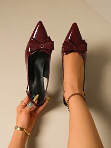 女士时尚优雅新款尖头性感中跟鞋，派对/正式礼服凉鞋，亮面漆皮设计，夏季小猫高跟鞋，可选酒红色、黑色、白色、红色、7 月 4 日蓝色，优雅高跟鞋 - 酒紅色 - 查看 5