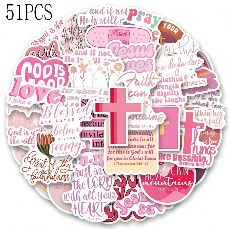 51PCS Pink Bible Verse Jesus Stickers Aesthetic Vinyl Stickers Decals Scrapbook, Journaling, Laptop, Bumper, Skateboard, Water Bottles, Computer, Phone - Multicolor - View 1