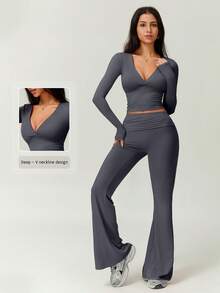 NcmRyu 1 Set Women Comfortable Casual Solid Color Loose Straight Leg Relaxed Fit Workout Running Outdoor Long Sleeve Top And Pants Sports Suit Spring - 灰色 - 查看 5