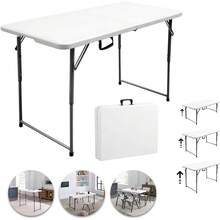 Raganet, Mesa Plegable de Plastico, 121Centimetros de Largo, Ajustable a 3 Diferentes Alturas, Plástico Resistente para Interiores y Exteriores, Forma Rectangular, Plegable en Portafolio Color Blanco - 1 - Ver 10