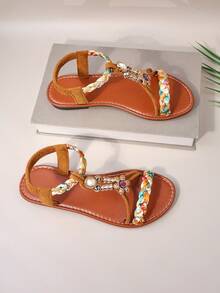 1 para młodzieżowych, tkanych, kolorowych, ozdobnych kwiatów z imitacji skóry, z odkrytymi palcami i płaskim dnem, w stylu boho, idealnych na codzienne podróże i wakacje - Brązowy - Zobacz 6