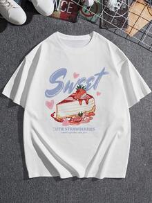 Camiseta de mujer con dulce tarta de fresa, camiseta casual con lindo gráfico de cupcake, top de manga corta con cuello redondo, ropa de verano de moda, tela suave y cómoda - Blanco - Ver 3