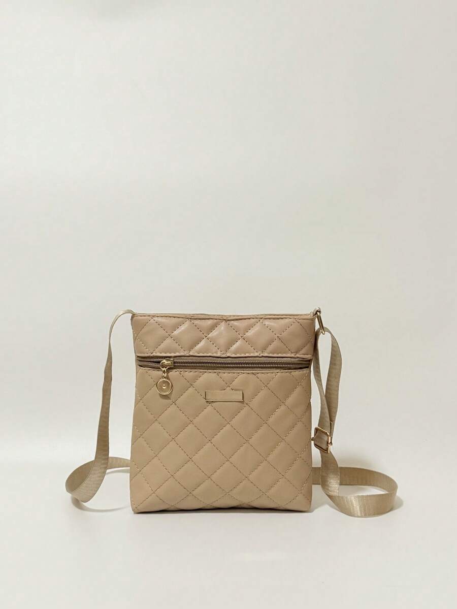 Túi đeo chéo họa tiết hình thoi chần bông thời trang dành cho nữ, Túi đeo vai đa năng màu trơn, Dây đeo có thể điều chỉnh, Nhẹ và tiện dụng cho thường ngày và du lịch - Màu be - Xem 1