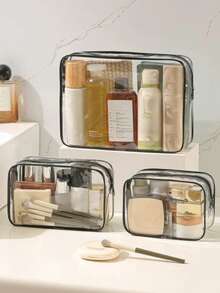 3 قطع/قطعة واحدة حقيبة أدوات تجميل بسيطة عصرية للجنسين، مجموعة حقائب أدوات تجميل وأدوات تجميل من EVA مع سحاب - شفافة، منظم سفر متين للرجال والنساء، حقيبة ظهر للعودة إلى المدرسة، ضروريات السفر، منظم سفر لعطلة الشاطئ، حقيبة مستحضرات تجميل شفافة مقاس 1 كوارت، مناسبة للسفر، للجنسين، حقيبة منظم تجميل شفافة للحمل، حقيبة مكياج بلاستيكية شفافة للسفر، حقيبة يد صغيرة شفافة مقاومة للماء