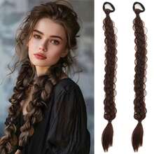 2 Stücke lange geflochtene Pferdeschwanz-Extensions für Frauen, gerade umwickelte Zopf-Pferdeschwanz-Extensions, synthetische Zöpfe mit Gummiband