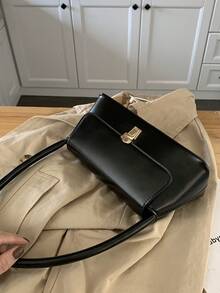 1pc Solid Color Suede Handbag, Portable Commuter Lockable Fashion Minimalist Retro Versatile Shoulder Bag & Tote Suitable For Women Daily Use - Black - View 10
