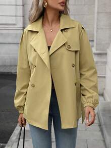 Women's Elegant Casual Khaki Coat With Tie Waist For Outings & Commuting (Autumn & Winter, Back-To-School Season, Valentine's Day) Elegant Dress Women