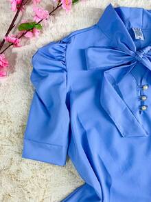 Women's Formal Blouse With Short Puff Sleeves And Bow No. 8 - 淺藍色 - 查看 3