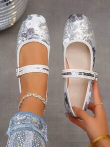 女士时尚亮片方头平底一脚蹬鞋，休闲装，适合连衣裙，灰色，尺码 35-43，春秋季 - 銀灰色-亮片 - 查看 2