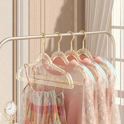 5/10pcs Multi-Functional Transparent Clothes Hangers, Gold Hook Gold Powder Crystal Clothes Supporters, Dedicated Clothes Hangers, Dry And Wet Use