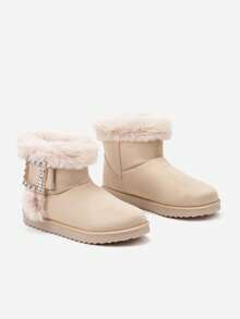 Soft Faux Fur Ankle Boots - Women's Winter Casual Boots - Beige - View 5