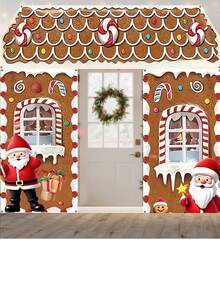 3pcs/Set New Christmas Gingerbread House Santa Claus Curtain, Winter Christmas Photo Backdrop Party Decoration Hanging Cloth Set