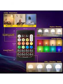 2 个智能遥控 RGB LED 灯泡，高容量电池，持久耐用，带遥控器，可充电 LED 灯泡，可拆卸，氛围灯，台灯，壁灯，球灯，应急灯，15 种彩色灯，USB 充电 LED 灯泡带挂钩 - 便携式高亮度，适用于卧室、客厅，可与遥控器一起使用，适用于各种灯具、户外、露营，多种颜色和白色可调 - 多款 - 查看 11