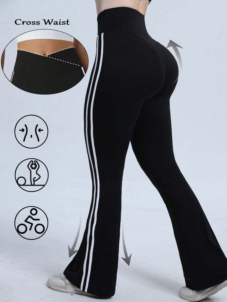 Flare Leggings, Crossover Yoga Pants With Tummy Control, High-Waisted And Wide Leg,Women's High Waist Solid Color Flared Pants Sports Yoga Pants Compression Leggings Running Fitness Pants, Women's Clothing, Women's Leggings, Women's  TrousersIt Is Suitable For Outdoor Sports, Indoor Yoga And Street Shopping - Đen và trắng - Xem 1