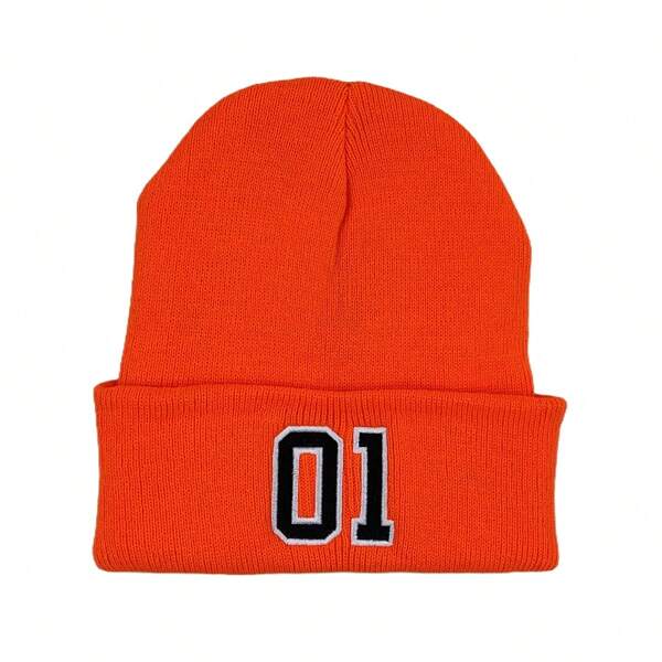 1pc Orange Racing Car #01 Embroidered Knit Beanie Hat, Warm Winter Cap Autumn Outfits