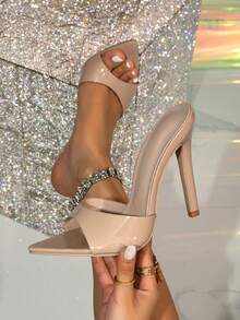 Women's High Heel Sandals, Peep Toe Zebra Striped Yellow Nightclub Party Formal Dress Shoes, Summer Mule Sandals, Pointed Toe Leather Patchwork Stilettos