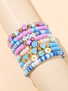 8 peças/Conjunto Pulseiras Elásticas de Argila Macia com Estampas Florais, Estrelas, Rostos Sorridentes, Corações, Nuvens, Adequadas para Presentes e Uso Diário