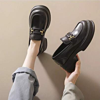 女士英伦风格皮革乐福鞋，春秋新款扣环厚底玛丽珍休闲鞋