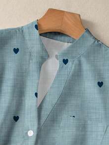 女士浪漫心形印花长袖纽扣衬衫，带口袋，秋冬上衣 - 藏蓝色 - 查看 6