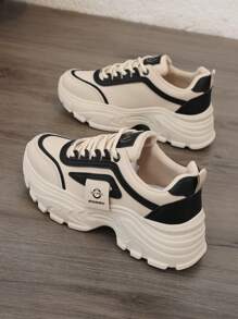 女士厚底运动鞋，2025新款秋季轻便厚底运动鞋，适合春秋运动风格，女士系带小白鞋 - 黑色 - 查看 13