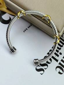 1pc Fashionable Minimalist Classic 5mm Stainless Steel Wire Cuff Bangle/Bracelet Women, With Open End, Suitable As Family, Friends, Couples, Party, And Festivals Valentines,Mom,Mother,Mother's Day, - Multicolor - View 2