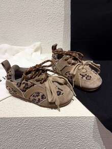 6-18 Years Old Unisex Kids Casual Sports Shoes, Waterproof Leather Upper, Breathable, Fashion Leopard Print, Non-Slip , Suitable For Outdoor Running, Hiking, Training For Boys And Girls, Retro Classic Brown Soft Bottom Comfortable Lightweight Casual Shoes For School, Travel, Vacation