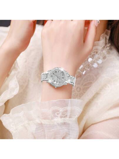 Horloge Set Elegante Quartz Jewelry Set, Round Watch, Rhinestone Necklace, Earrings, Ring, Bracelet Perfect Everyday Wear, Birthday s, Parties, Holiday Gatherings, As The Ideal Yourself Or Friends No Box view 3