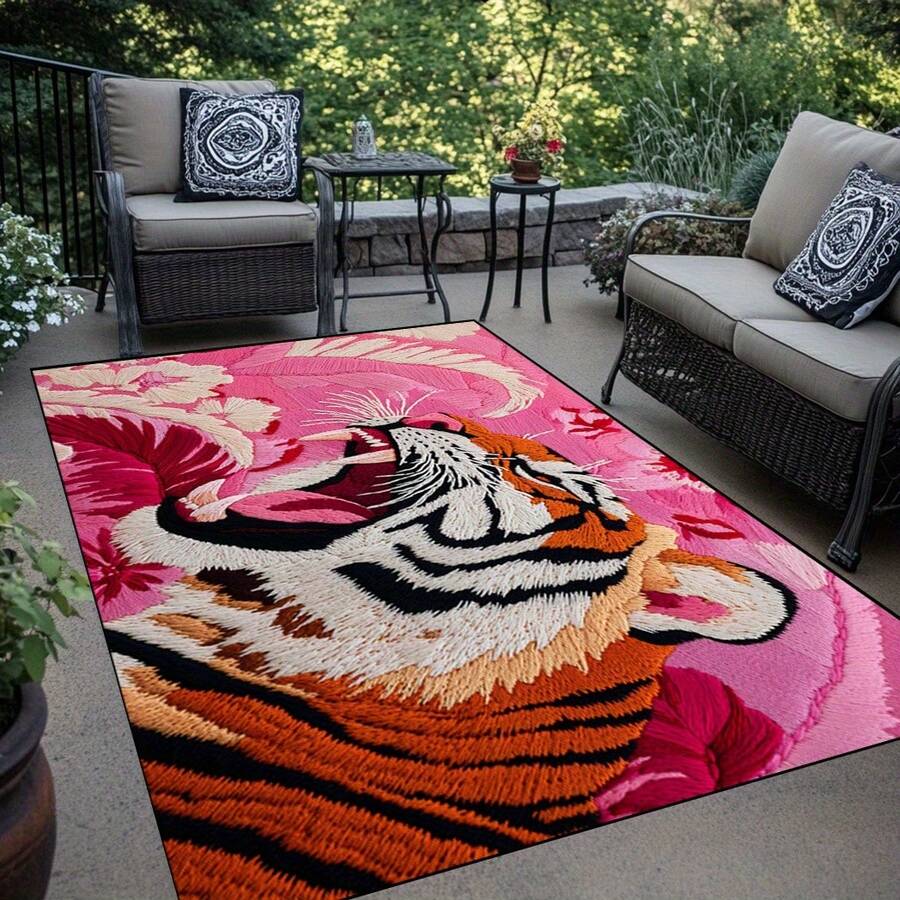 1pc Retro Tiger And Pink Roses Area Rugs For Living Room, Floor Carpet For Bedroom, Carpets Home Decor Rugs, Homestay Hotel, Non-Slip Machine Washable Carpet, Home Decor Room Decor - Style 1 - View 1