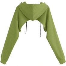 Women Crop Top Pullover Sweatshirt Long Sleeve Drawstring Hoodie - 軍綠色 - 查看 2
