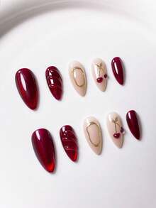 10pcs Handmade Almond White French Red Outline Red Starburst Metal Cherry Elegant Minimalist Sophisticated False Nails